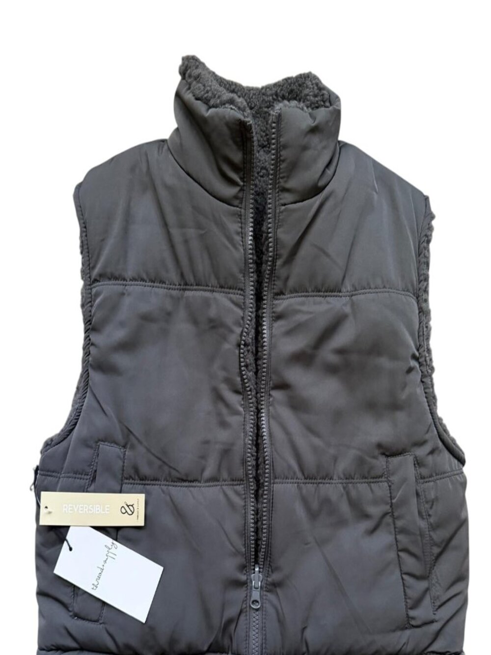 Thread & Supply Women XS Reversible Sherpa Puffer Vest Charcoal Gray NWT